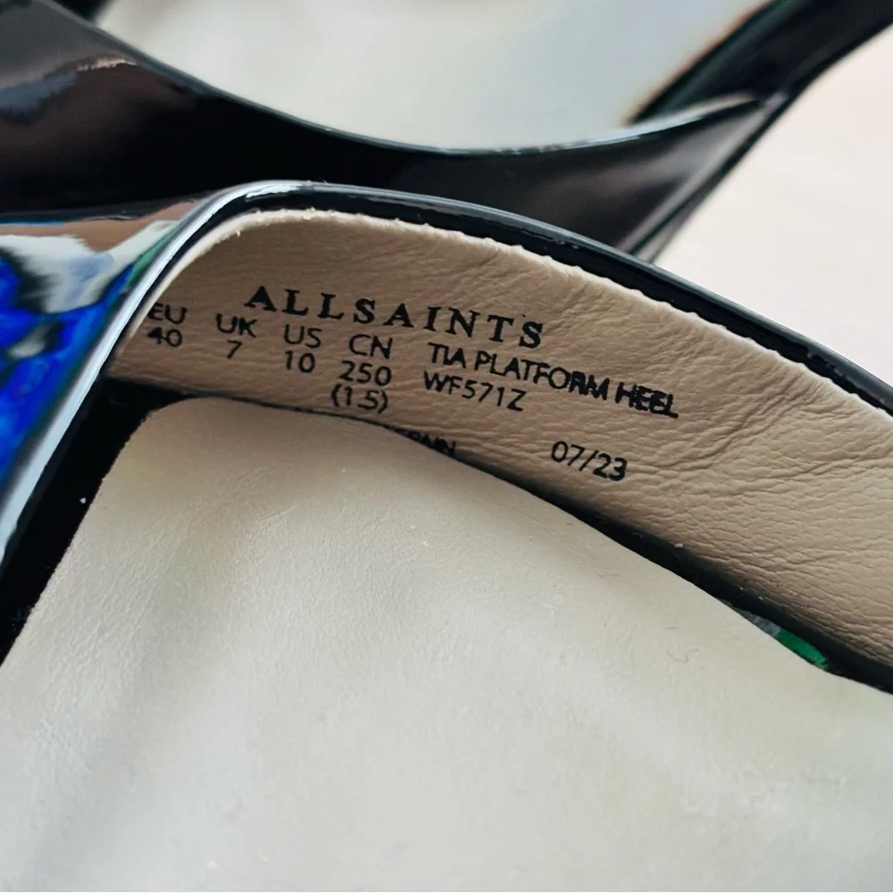 All Saints Tia Glossy Black Platform Heel Sandals Size 10M‎ WF571Z